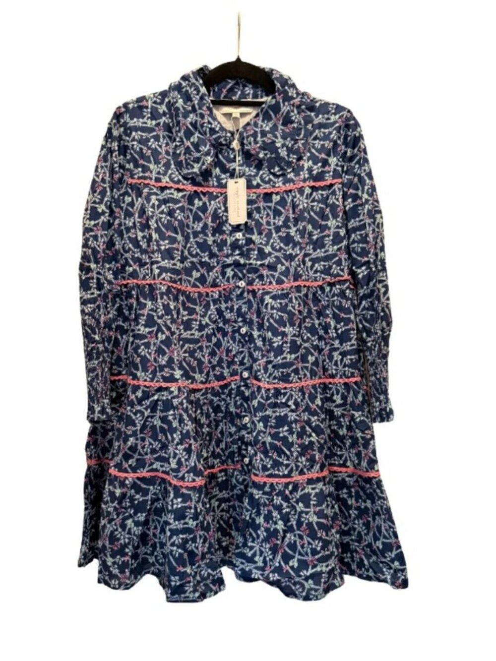 Simply Southern Floral Tiered Mini Dress Smocked Cuffs Button Front NWT Large - Picture 4 of 4